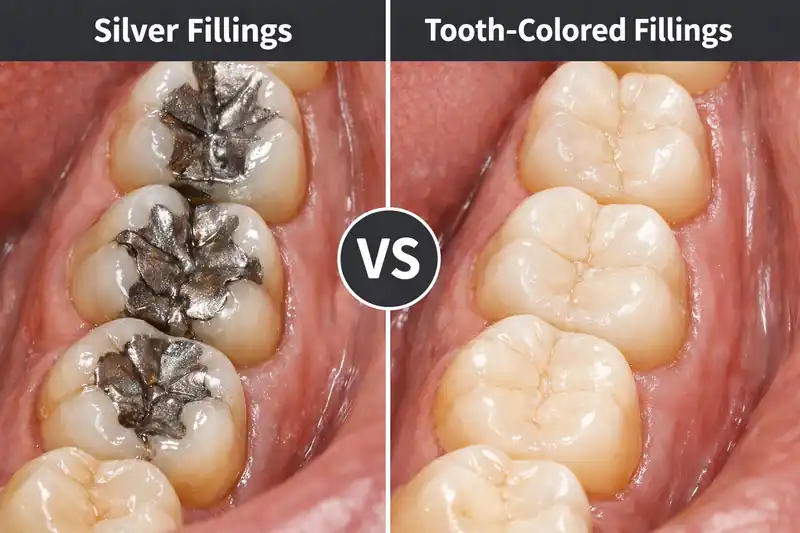 Silver fillings vs tooth-colored fillings side-by-side comparison on molar teeth