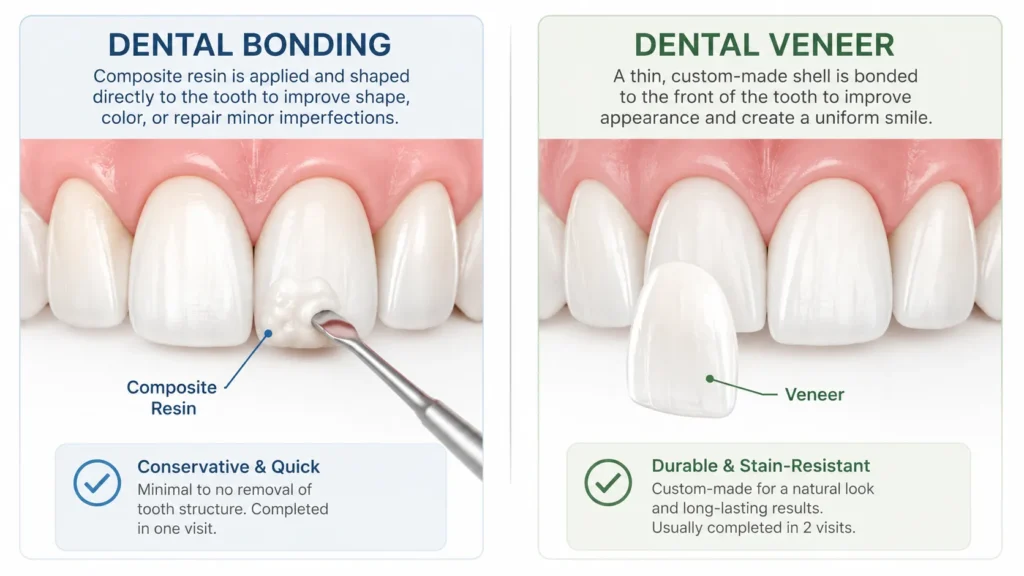 Dental bonding and veneer comparison diagram showing composite resin and a porcelain veneer on front teeth.