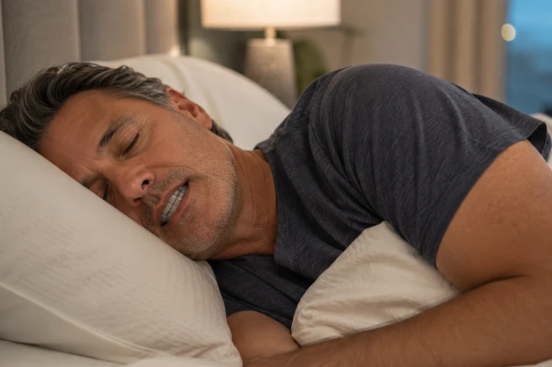 Adult sleeping with a custom oral appliance for snoring and sleep apnea