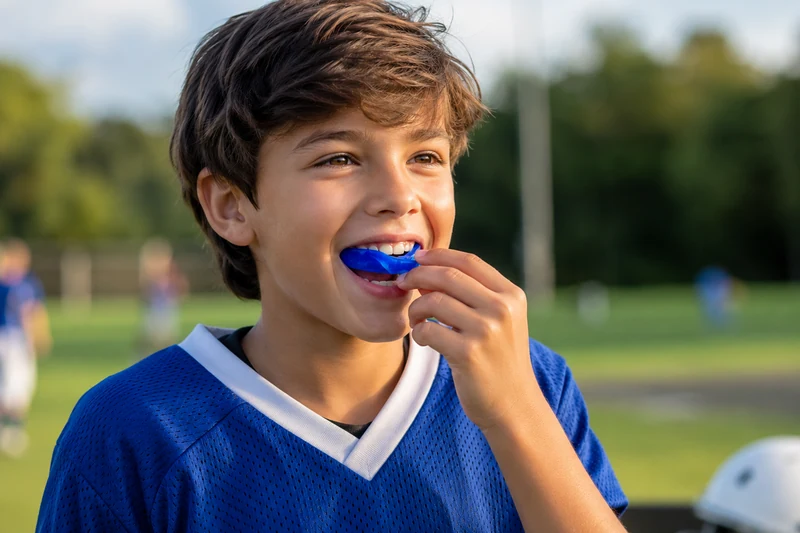 Child athlete wearing a custom sports mouthguard in Covington, GA