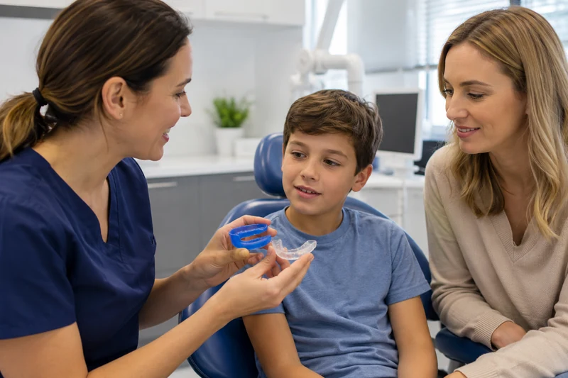 Dentist explaining the difference between a sports mouthguard and night guard to a Covington family