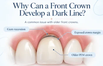 Dark line around a front dental crown caused by gum recession and an exposed crown margin in Alpharetta, GA