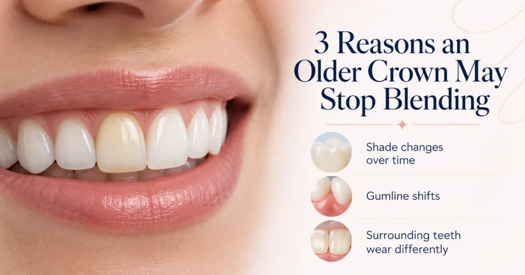 Older front dental crown showing shade changes and gumline differences in Alpharetta, GA